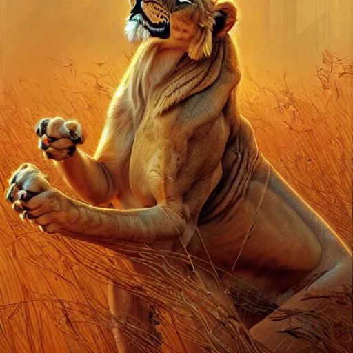 Image similar to highly detailed full portrait of a majestic lioness queen in the form of a beautiful woman. d & d, art by donato giancola and ruan jia and carl larsson and magali villeneuve. trending on artstation, intricate details, energetic composition, golden ratio, concept art, illustration, elegant art