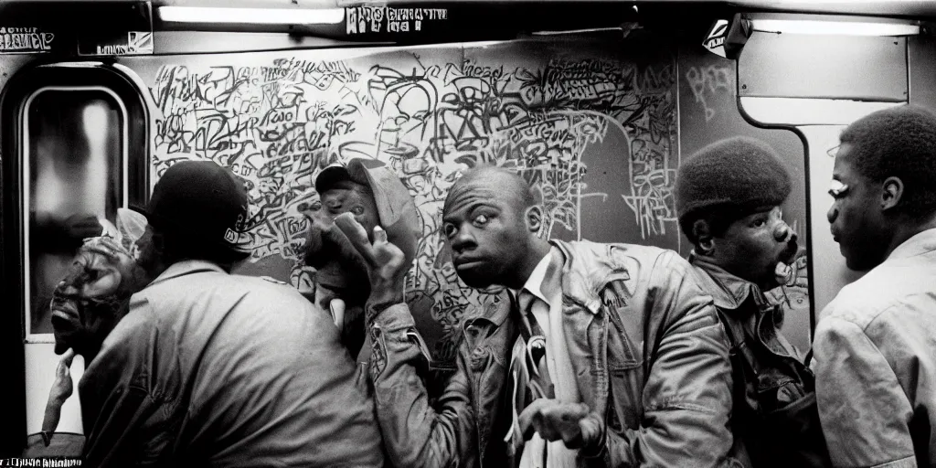 Image similar to new york subway cabin 1 9 8 0 s inside all in graffiti, black guy threatens another black guy with a gun, coloured film photography, christopher morris photography, bruce davidson photography