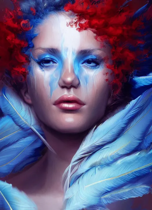 Prompt: a painting of a woman who made of curly and transparent feathers and cloud with red edges is holding a sword, a digital painting by charlie bowater, made of many translucent layers of blue feathers and cloud, metaphysical painting, speedpainting, digital painting, holographic undertones, highly saturated colors, 4 k, glossy eyes, concept art, trending on artstation