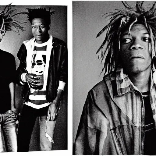 Image similar to of a photo of jean - michel basquiat and kurt cobain in basquiat ’ s studio, photorealistic,