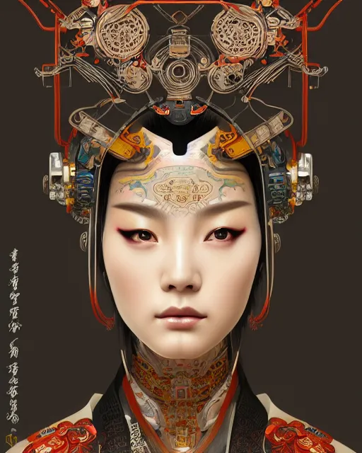 Image similar to portrait of a cyberpunk machine, machine face, upper half portrait, decorated with chinese opera motifs, asian, fine china, wuxia, traditional chinese art, intricate, elegant, highly detailed, symmetry, headpiece, digital painting, artstation concept art smooth sharp focus, illustration, art by artgerm and greg rutkowski alphonse mucha 8 k