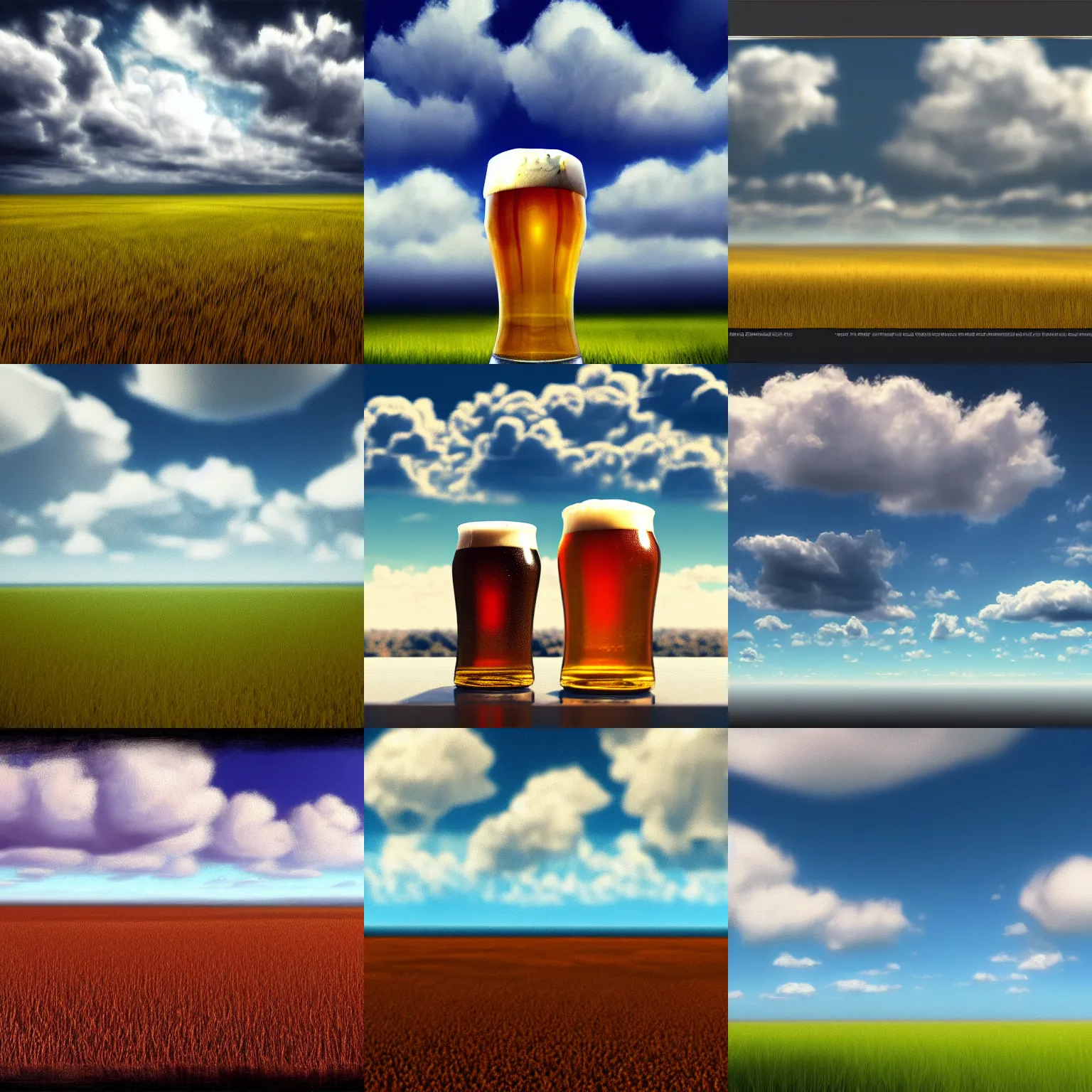 Prompt: big area filled with beer-texture, clouds horizon. artstation, ultrarealistic, hd, 4k, 8k, high detailed, realistic photo, 35mm