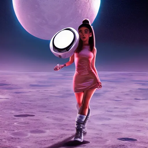 Image similar to A hyper real comic book style portait painting of Ariana Grande walking on the moon, unreal 5, hyperrealistic, octane render, cosplay, RPG portrait, dynamic lighting