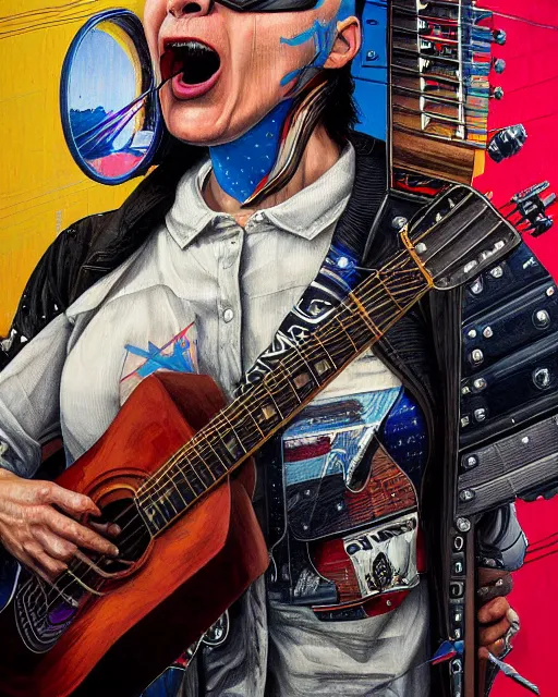 Image similar to a portrait of an anthropomorphic cyberpunk bald eagle screeching while strumming an acoustic guitar by sandra chevrier, by jon foster, detailed render, tape deck, epic composition, cybernetics, 4 k realistic, cryengine, realistic shaded lighting, sharp focus, masterpiece, by enki bilal