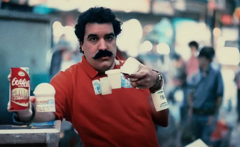 Image similar to pablo escobar selling coke in metaverse. cinestill, cyberpunk.