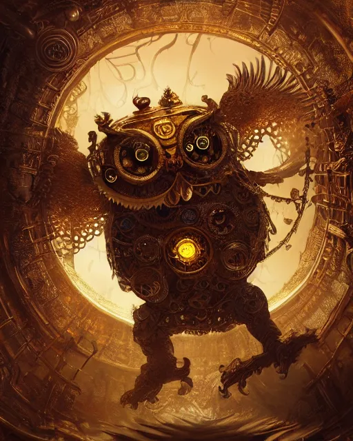 Image similar to oil painting of ornate intricate golden Steampunk owl Golem fighting chinese dragon, sharp focus, fantasy style, steampunk city background, octane render, volumetric lighting, 8k high definition, by greg rutkowski, highly detailed, trending on art Station