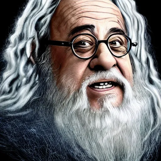 Image similar to portrait of danny devito as gandalf the white, lord of the rings, full body, hyper realistic, high quality, wide angle, always sunny in philadelphia