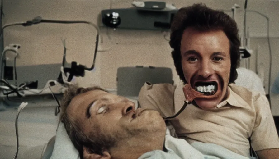 Prompt: 70s movie still of a man with trypophobia teeth in hospital, eastmancolor, heavy grain, high quality, higly detailed, liminal space
