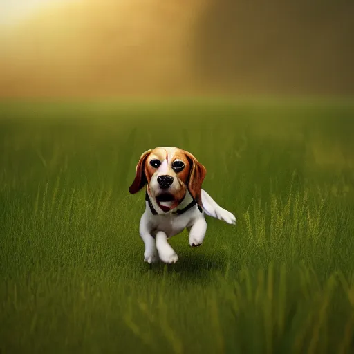 Image similar to landscape beagle running in a field . intricate artwork by art-station. octane render, cinematic, hyper realism, 8k, depth of field.