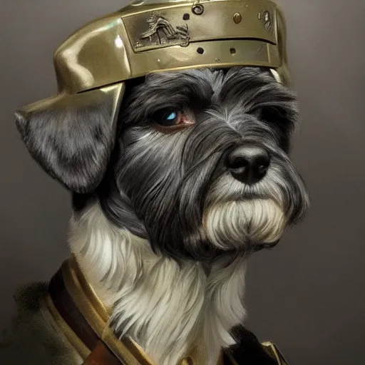 Image similar to portrait of stoic looking miniature schnauzer, military uniform, black fir, white eyebrows, fantasy, intricate, elegant, highly detailed, centered, dark, smokey, digital painting, artstation, concept art, smooth, sharp focus, illustration, art by artgerm and greg rutkowski and alphonse mucha