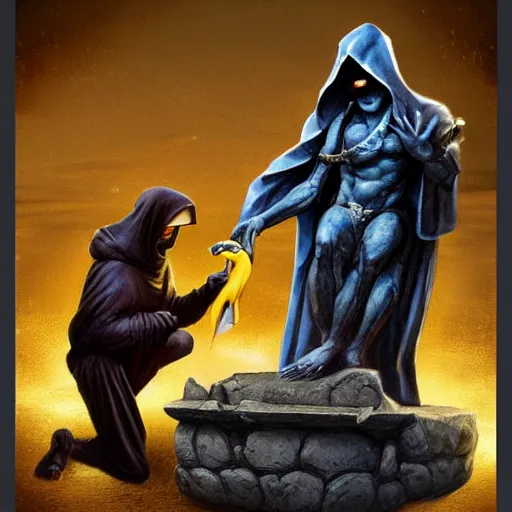 Image similar to a hooded cultist is stabbing a banana placed on an altar, in front of a stone statue of a forgotten god, by patrick mcenvoy and michael komarck and fantasy flight, incredible quality, trending on artstation