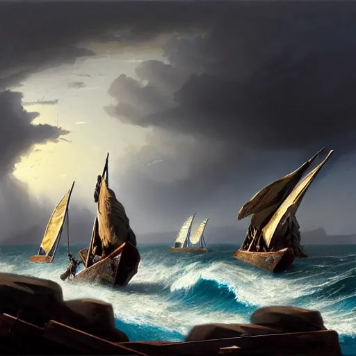 Image similar to a fleet of ancient trojan sailboats, amidst crashing waves and huge looming rocks, whirlpool, trireme, skiff, wooden sailboats, by greg rutkowski, grim, lightning flashes, sky swirling with black wind, dark sky, dramatic, realistic, detailed, ancient, artstation, artgerm, digital painting