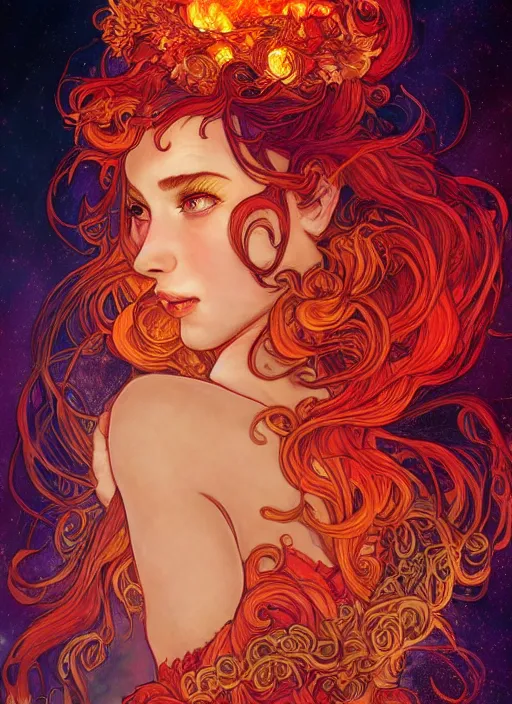 Prompt: Fire Goddess, hair made out of flames, ambient lighting, 4k, josephine wall, alphonse mucha, lois van baarle, ilya kuvshinov, rossdraws, artstation