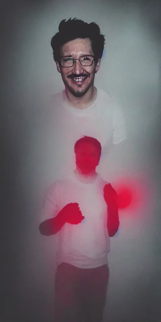 Prompt: “ a portrait of markiplier in a dark, foggy room, staring intently with an evil grin, and red eyes glowing the room ”