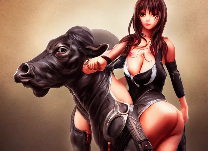 Prompt: Tina from Dead or Alive riding a cow, artwork by artgerm, 4K