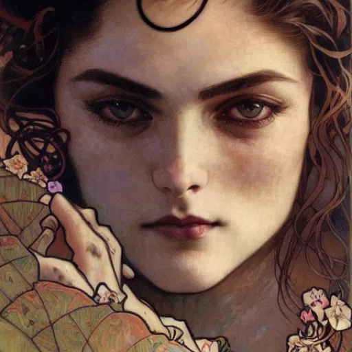 Prompt: realistic detailed face portrait of handsome Alain Delon by Alphonse Mucha, Ayami Kojima, Amano, Charlie Bowater, Karol Bak, Greg Hildebrandt, Jean Delville, and Mark Brooks, Art Nouveau, Neo-Gothic, gothic, rich deep moody colors