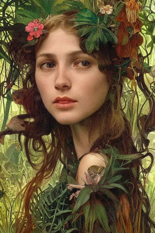 Image similar to realistic detailed portrait of bohemian girl in jungle by denis villeneuve, amano, yves tanguy, alphonse mucha, ernst haeckel, max ernst, roger dean, ridley scott, dynamic closeup