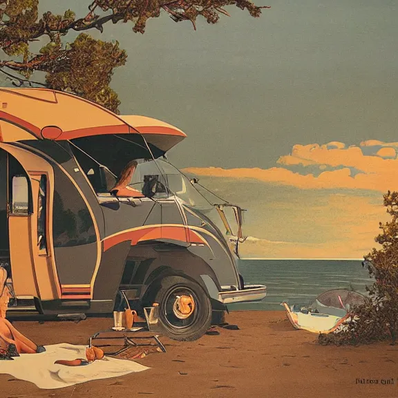 Prompt: Camping with rv by the beach, art nouveau matte painting, highly detailed,