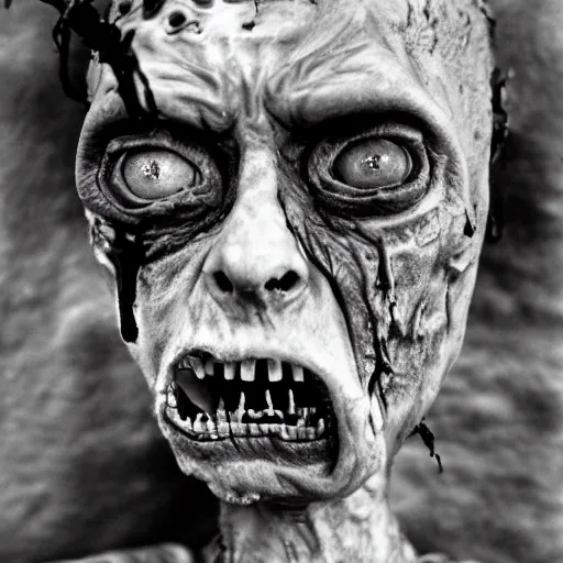 Image similar to real life sentient and composed irradiated undead with acute radiation sickness flaking, melting, rotting skin 1950s nuclear wasteland black and white award winning photo highly detailed, highly in focus, highly life-like, facial closeup taken on Arriflex 35 II, by stanley kubrick