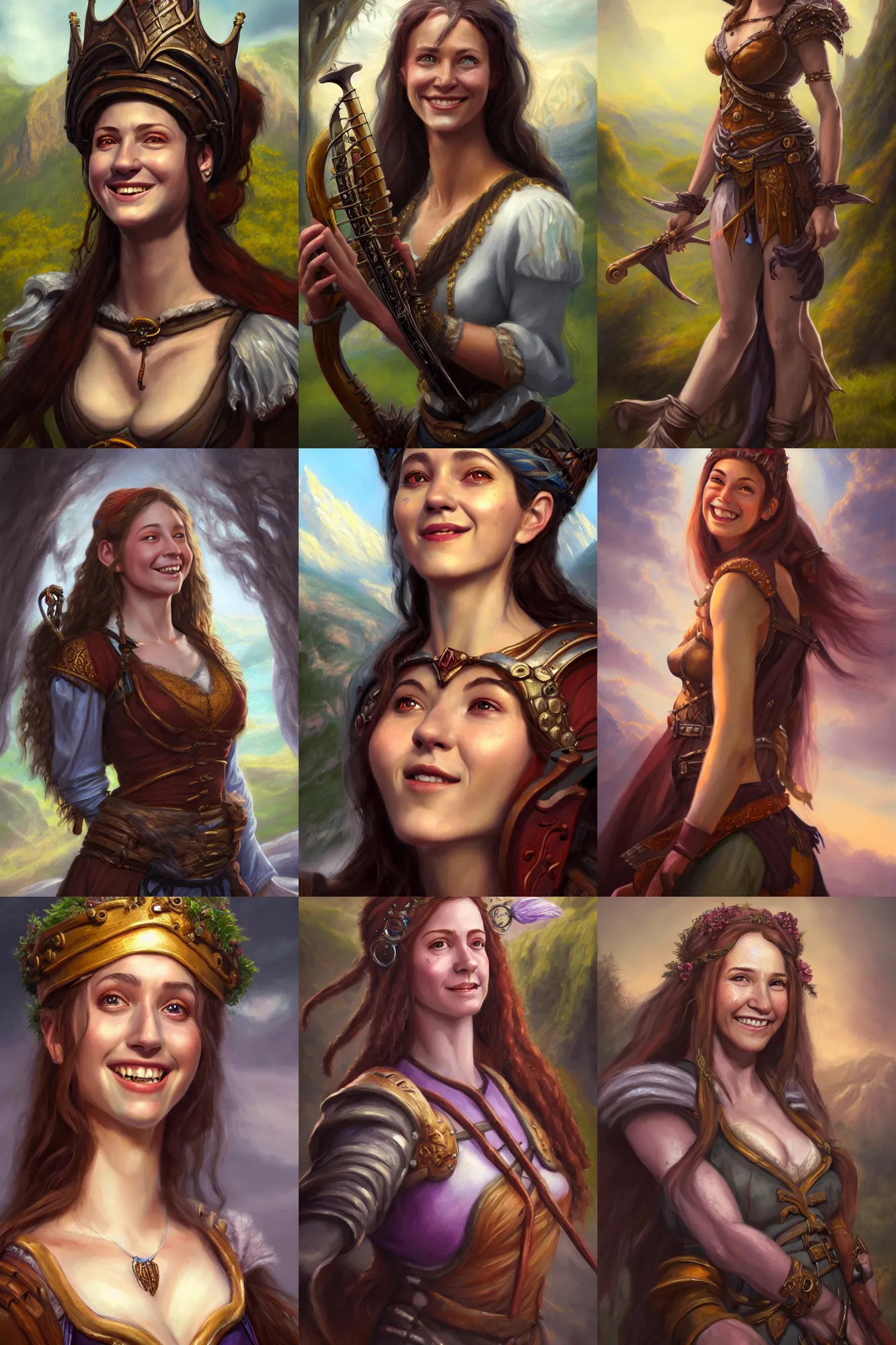 Prompt: a full body high detail fantasy portrait oil painting illustration of a single beautiful smiling bard woman by justin sweet with face and body clearly visible, in a scenic background, pretty eyes, realistic proportions, d & d, rpg, forgotten realms, artstation trending, high quality, sombre mood, artstation trending, muted colours, entire person visible!