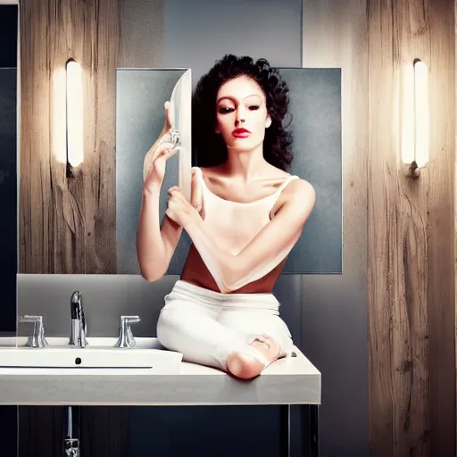 Image similar to a beautiful woman sitting at a vanity in front of a mirror, beautiful face, fashion photography, elegant furniture, cracked mirror