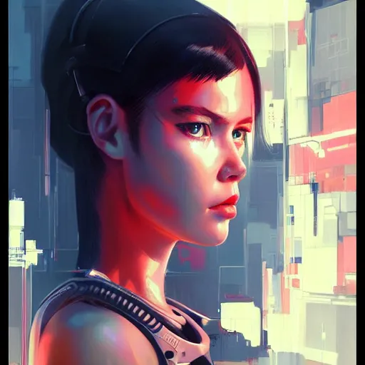 Image similar to A cyborg girl with big and cute eyes, fine-face, realistic shaded perfect face, fine details. red, black and white robotic parts. realistic shaded lighting poster by Ilya Kuvshinov katsuhiro otomo ghost-in-the-shell, magali villeneuve, artgerm, Jeremy Lipkin and Michael Garmash, Rob Rey and Kentarõ Miura style, trending on art station