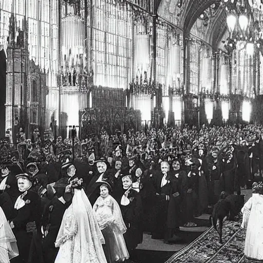 Image similar to Wide intermediate shot, coloured black and white, historical fantasy photographic image of a royal wedding of the groom who is waiting for his wife while appearing utterly afraid. An image from 1907 taken during the royal wedding's official wedding photographer's golden hour displays warming lighting. ultra realistic, photorealistic, cinema, hyper realistic, cinematic.