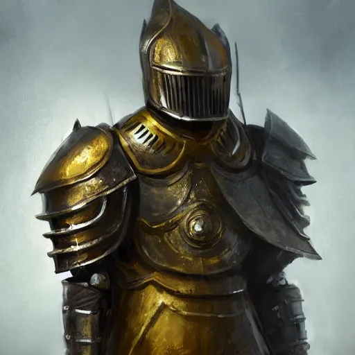 Prompt: anthropomorphic knight warrior stands tall wearing black and gold plate armor, oil painting, Tooth Wu, Greg Rutkowski, RPG, dynamic lighting, fantasy art, High contrast, depth of field, landscape, scenery