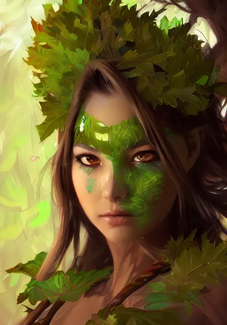 Image similar to greg manchess a realistic anime portrait of a beautiful dryad with glowing green eyes and tree bark skin wearing clothes made of leaves, digital painting, by stanley artgerm lau, sakimichan, wlop and rossdraws, digtial painting, trending on artstation