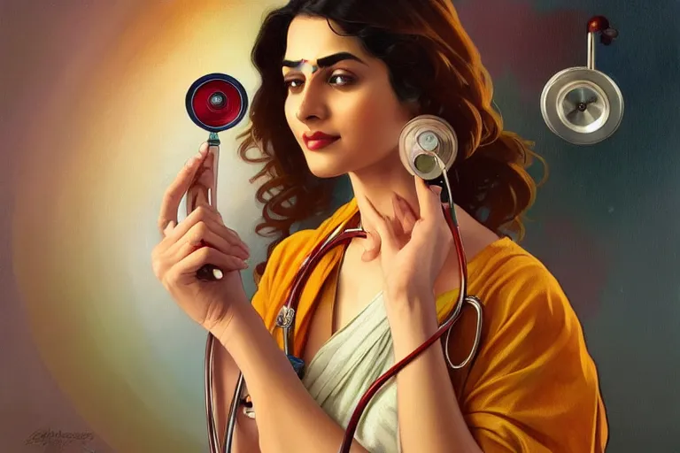 Image similar to sensual pale beautiful indian doctor in jeans with stethoscope, art deco portrait, elegant, intricate, digital painting, artstation, concept art, smooth, sharp focus, illustration, art by artgerm and greg rutkowski and alphonse mucha