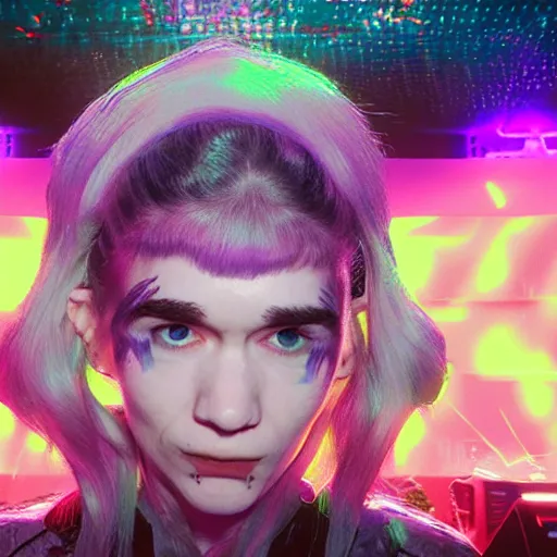 Prompt: a highly detailed cinematic wide shot of Grimes in a large room simulation with holographic symbolic codes