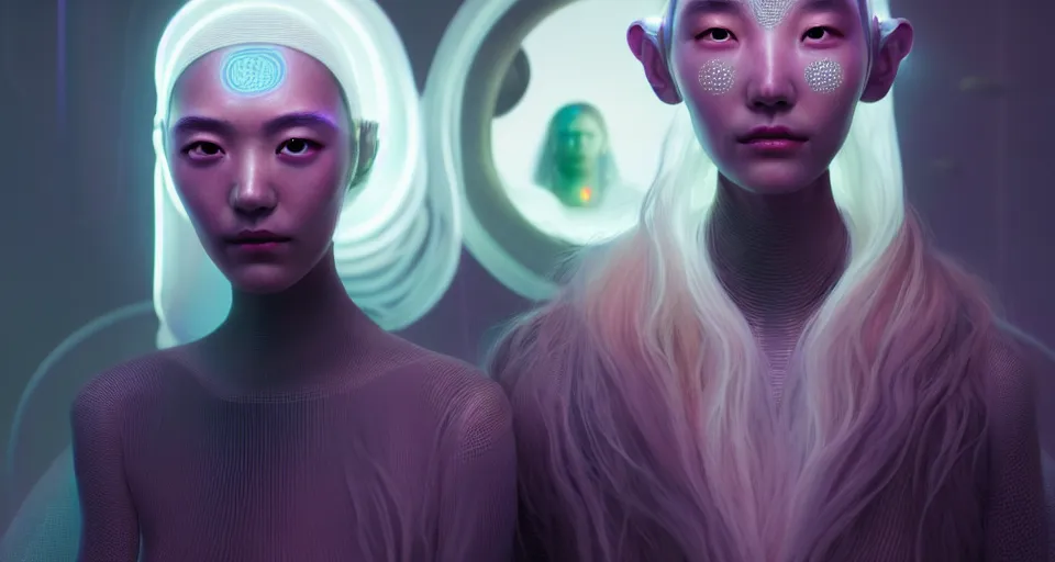 Image similar to portrait of yael shelbia and kang seul - gi, venus squid astronaut, symetrical facial, white hair, intricate design details. cyberpunk, touareg, by ruan jia and beeple. smooth gradients, deep space.