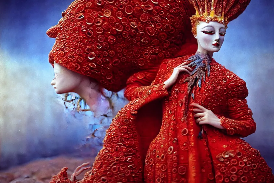 Prompt: extremely detailed movie shot closeup portrait of a beautiful dressed empress girl wearing red fabric coat, smoke background by denis villenueve, yves tanguy, ernst haeckel, roger dean, amano, dynamic composition, rich moody colours