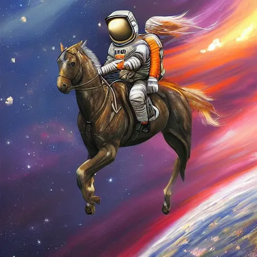 Prompt: award winning painting of an astronaut riding a horse in outer space, character art, sci-fi, high-detailed, vivid, trending on artstation