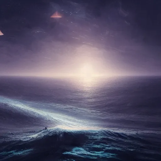 Prompt: sky full of stars lost in the middle of the sea, loneliness, great space, greg rutkowski, 4 k, high resolution