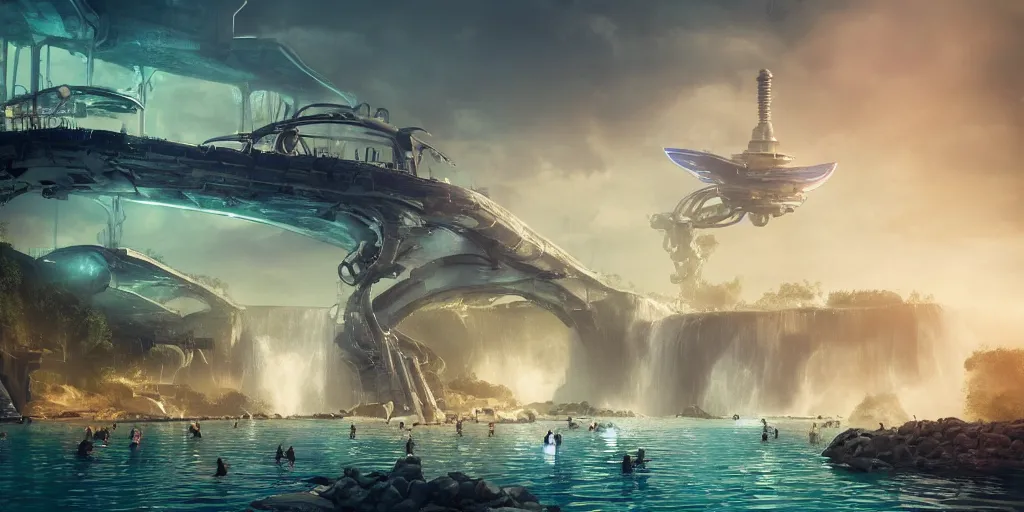 Image similar to alien spacecraft hovering over beautiful pool waterfalls surrounded by alien robots, steel archways, industrial buildings, rusty metal towers, sun setting, ross tran, fantasy, james jean, cinematic lighting, digital painting, octane render