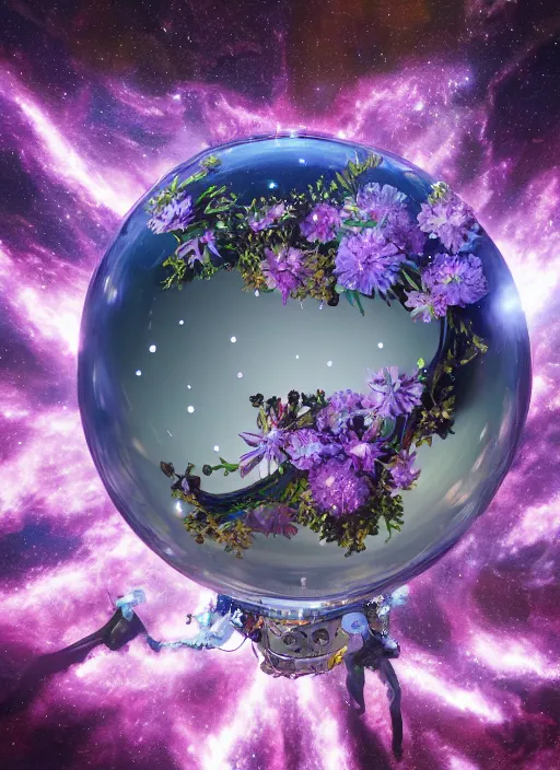 Image similar to An epic fantastic realism comic book style painting of the most beautiful flowers launched into space, perfect shiny silver iridescent spheres, bouquets, fisheye lens, unreal 5, DAZ, hyperrealistic, octane render, dynamic lighting