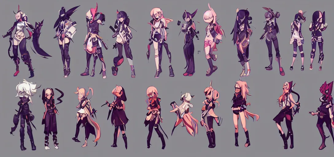 Image similar to character sheet concept art of female video game characters head designs, disgaea, flcl, hearthstone, unique silhouettes, cute casual streetwear, by marc brunet and artgerm
