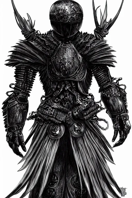 Image similar to armoured human, crow armour, symmetrical, highly detailed, digital art, black feathers, sharp focus, trending on art station, kentaro miura manga art style