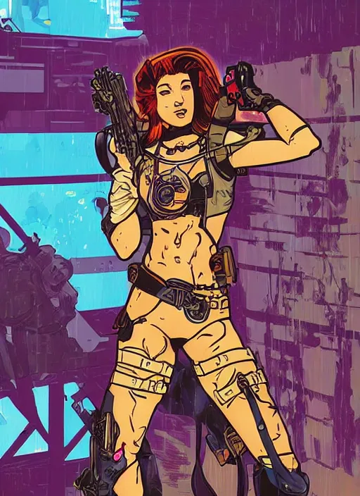 Image similar to maria. cyberpunk mercenary in scenic setting. portrait illustration, pop art, splash painting, art by ashley wood, alphonse mucha, laurie greasley and josan gonzales