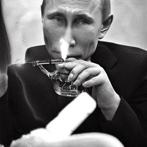 Image similar to vladimir putin smoking a bong and exhaling a large smoke cloud, candid photography