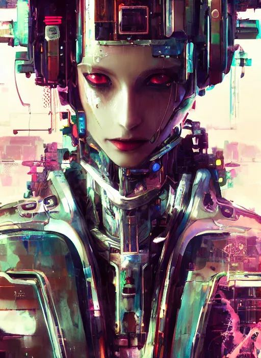Image similar to surreal illustration, by yoshitaka amano, by ruan jia, by conrad roset, by Kilian Eng, by good smile company, detailed anime 3d render of a female mechanical android, portrait, cgsociety, artstation, modular patterned mechanical costume and headpiece, cyberpunk atmosphere