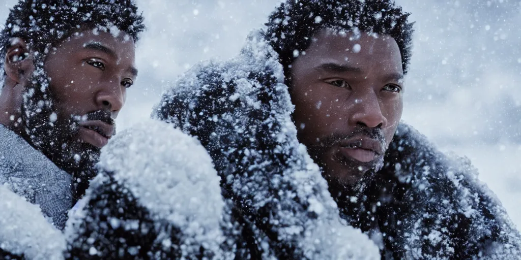 Image similar to a film still of a black man in the snow starring in a japanese blockbuster film as yoshimitsu, shallow depth of field, cinematic, award winning cgi, vfx, film still
