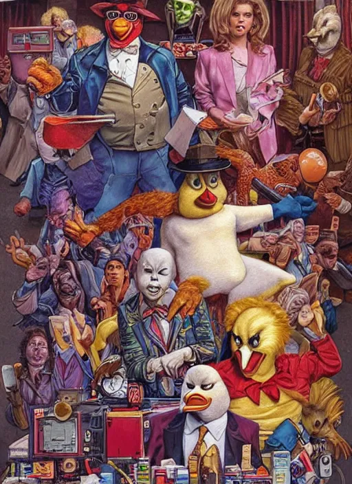 Image similar to portrait of Howard The Duck (1986) in Society (1989), highly detailed, centered, solid color background, digital painting, artstation, concept art, smooth, sharp focus, illustration, artgerm, donato giancola, Joseph Christian Leyendecker, Les Edwards, Ed Repka, WLOP, Artgerm