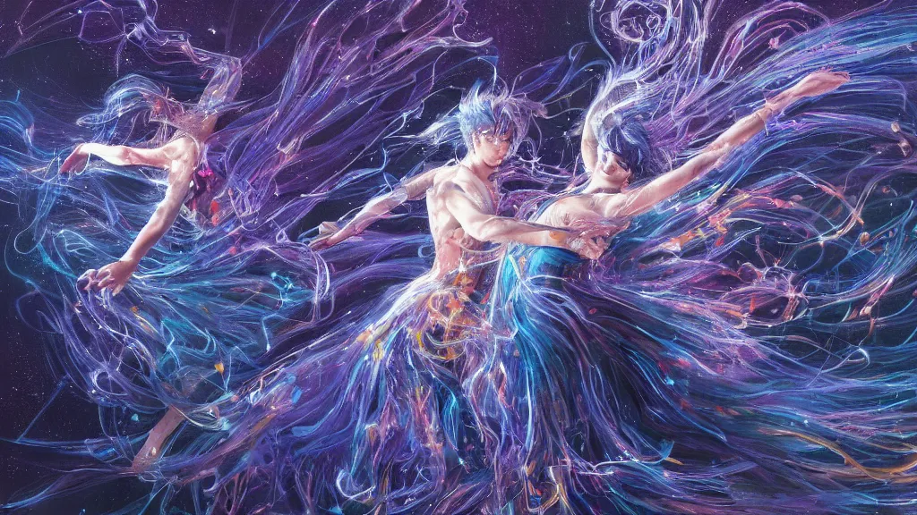 Image similar to a detailed painting of two people dancing togheter inspired by yoshitaka amano enveloped in trails of colorful animal ghosts floating around them. clean painting, realistic and auora lighting. dark blue and intense purple color palette, art by kuvshinov ilya, 8 k