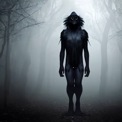 Image similar to werecreature consisting of a crow and a human, featured on artstation, photograph captured in a dark forest