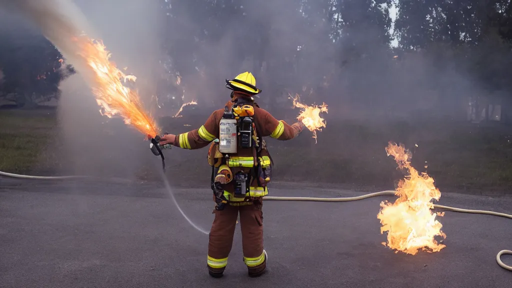 Image similar to photo of a firefighter using a flamethrower projecting a long flame