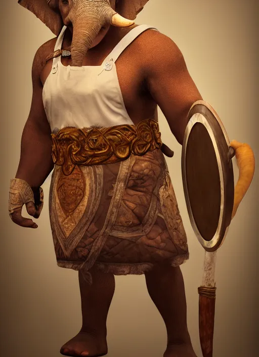 Image similar to An epic fantasy style portrait painting of an anthropomorphic elephant barbarian wearing an apron, DAZ, octane render, cosplay, RPG portrait, dynamic lighting