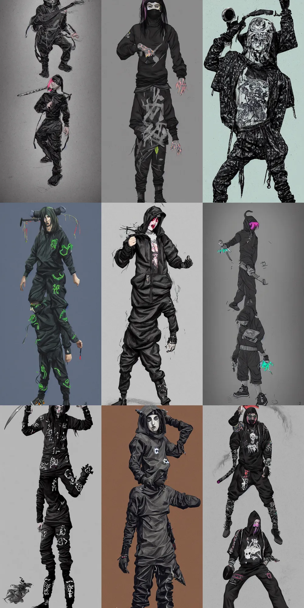 Prompt: a detailed full body cinematic photo of a fashionable gopnik ghostemane warrior ninja wearing a cybergoth tracksuit outfit character design by william gropper, magic realism, nanopunk, dieselpunk, beeple, cgsociety, crisp, low angle shot