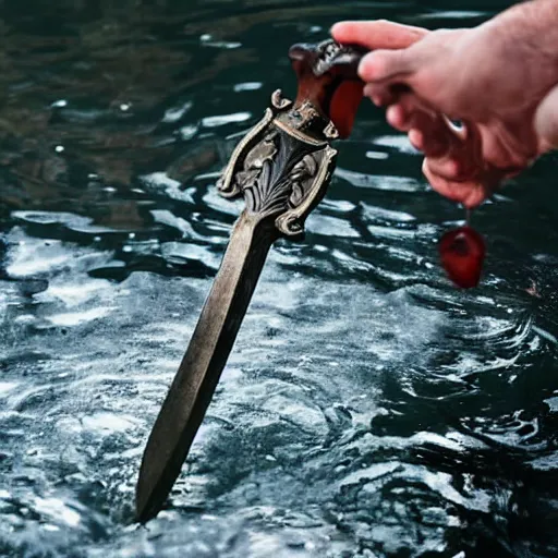 Prompt: still photograph of a hand holding a sword, appearing out of water